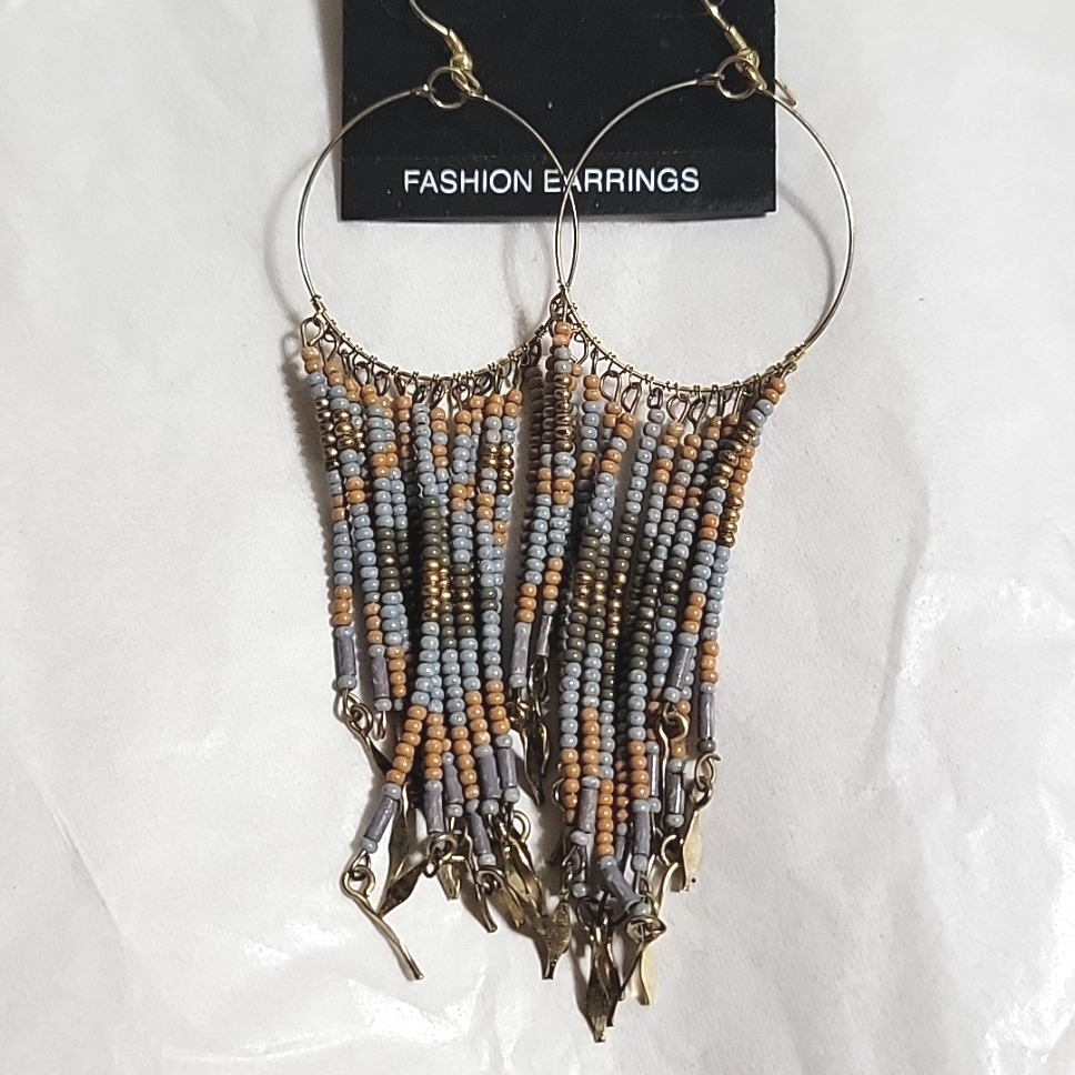 Nwt Taramanda Seed Bead Retro Style Earrings Dangle Long Tribal Rustic
